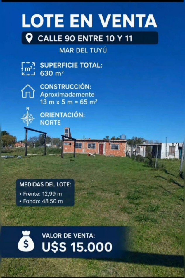 Terreno Lote en venta Mar del tuyu 630m2  + construccion de 76m2